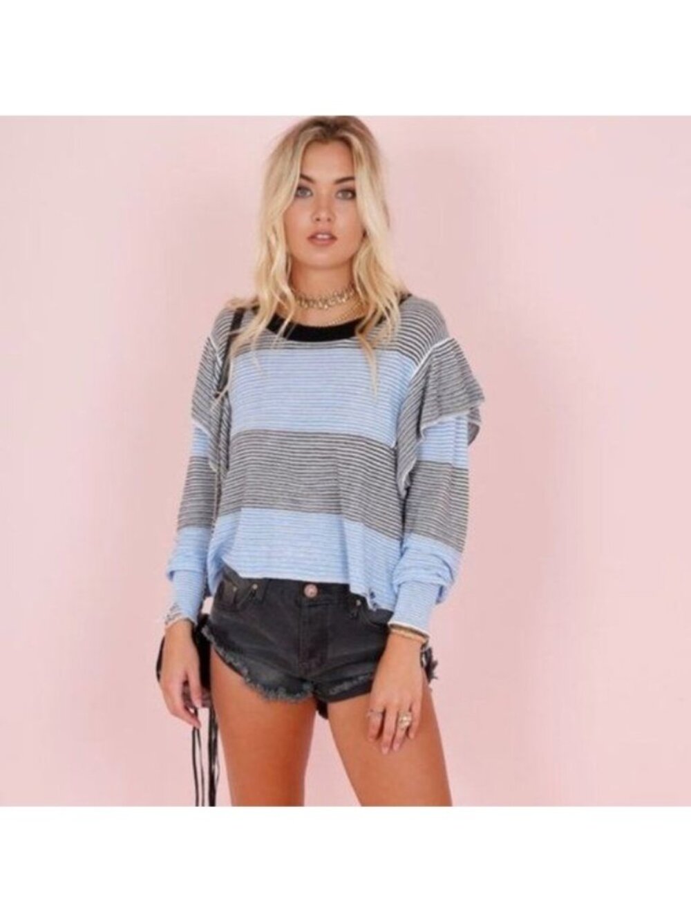 Wildfox Aura Striped Ruffle Knit Oversized Distressed Sweater
